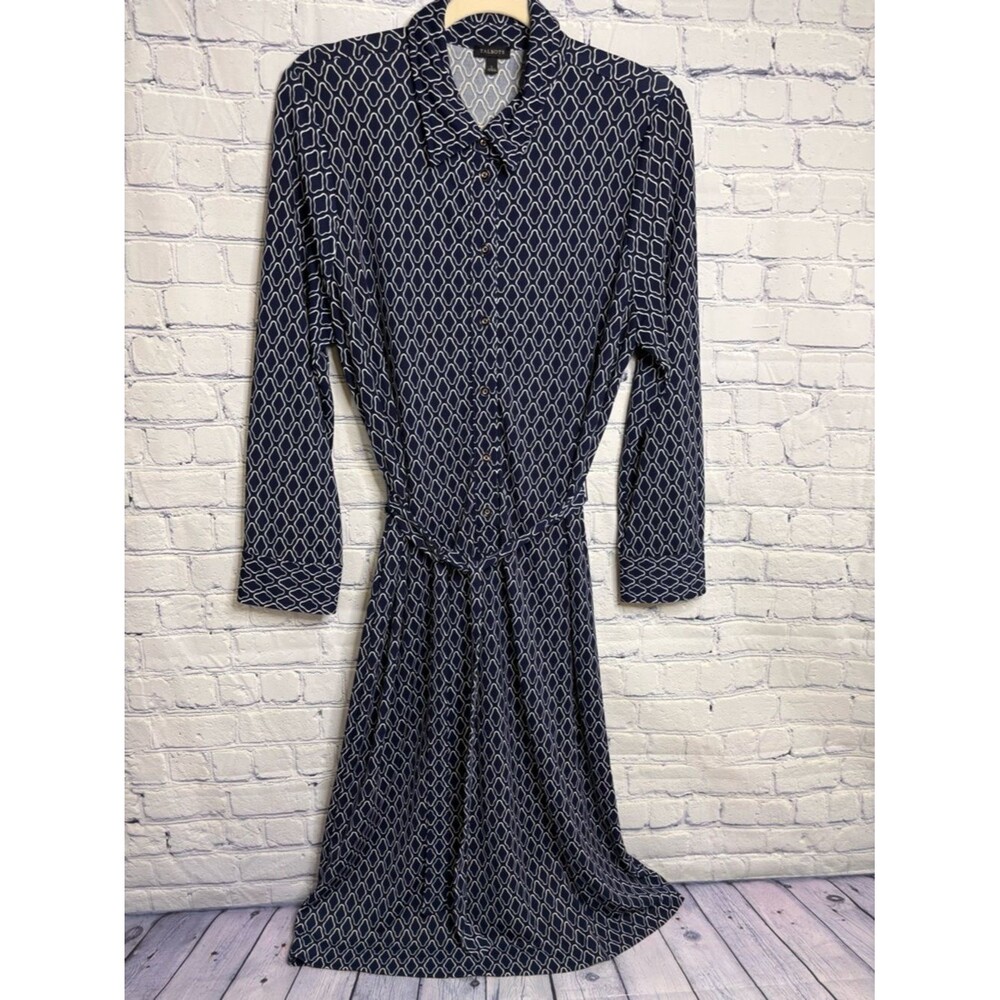 Talbots Blue Cream Geo Classic Preppy Business Casual Midi Shirt Dress Size L